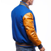 Mens Blue Orange Varsity Jacket Side View